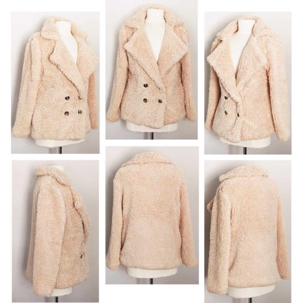 Beige Fluffy Cozy Soft Button Pocket Teddy Jacket - Picture 7 of 8